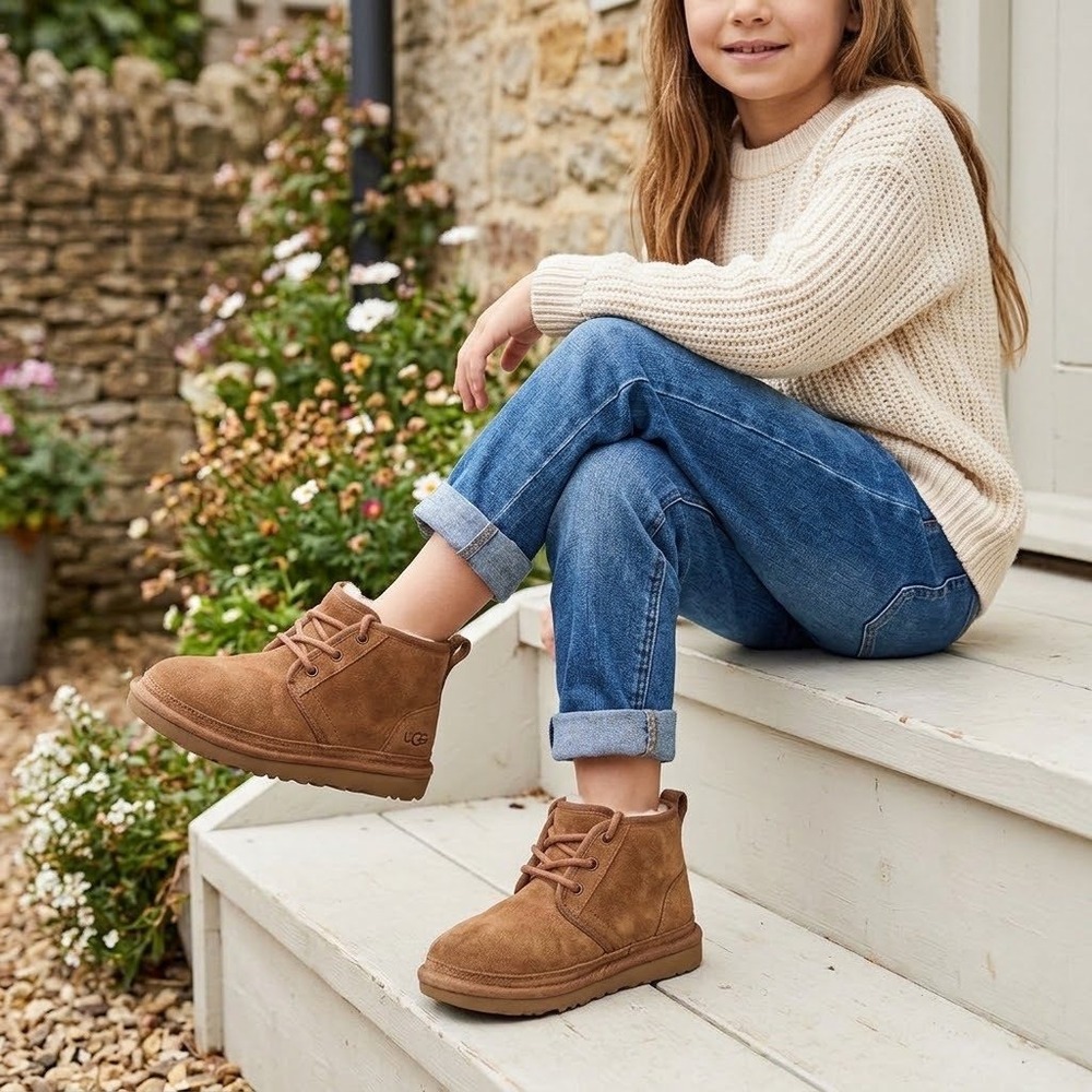 UGG Neumel Chukka Boots Kids Size 1 Chestnut Suede Lace Up 1017320K